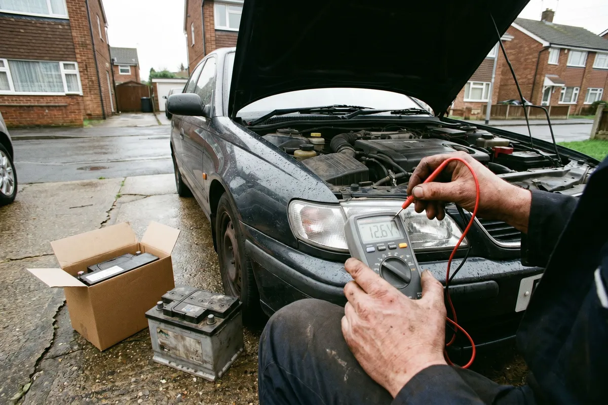 Mechanic testing a car battery with a handheld meter at a home location