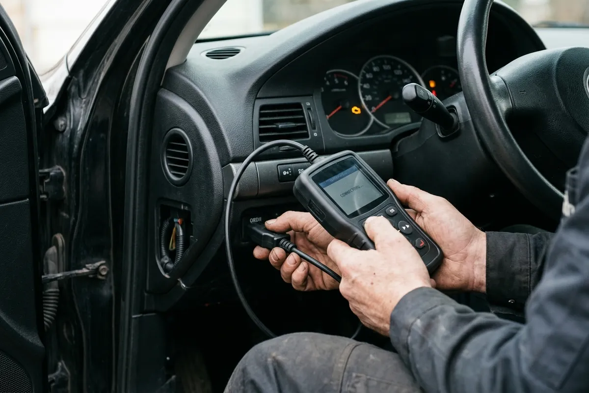 Diagnostic tablet connected to a car OBD port on a Colchester driveway