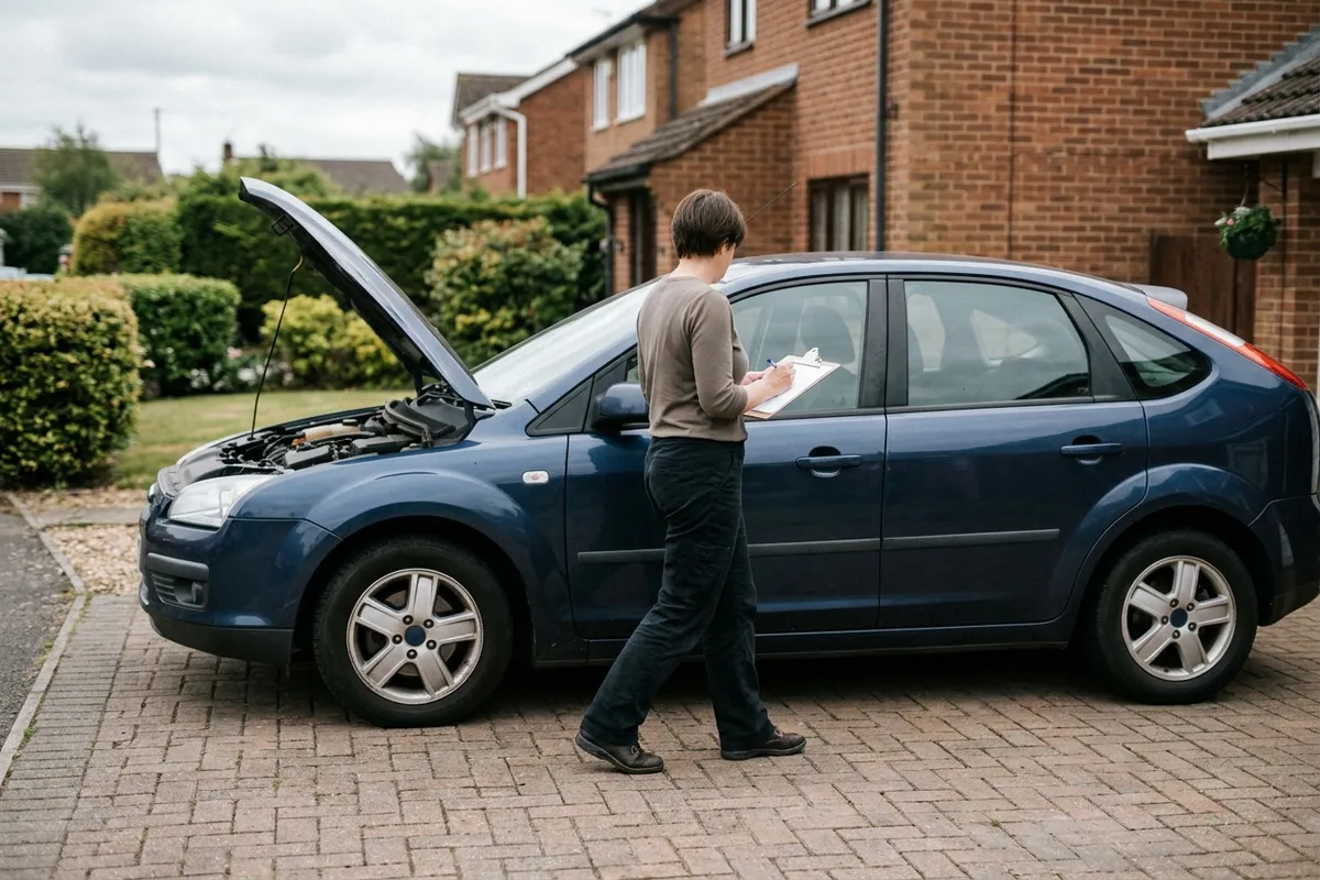Inspector checking vehicle condition checklist beside a used car in daylight