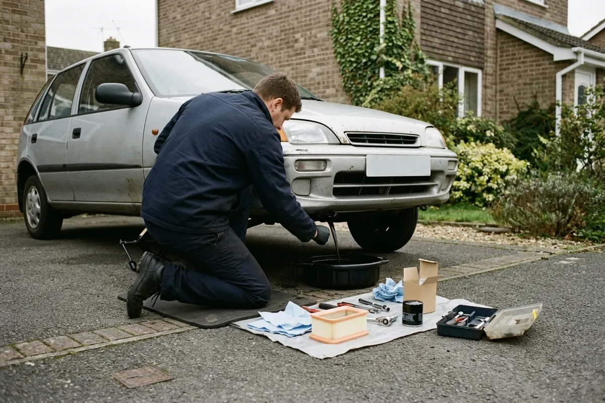 Mechanic preparing oil change tools beside a car on a Colchester driveway
